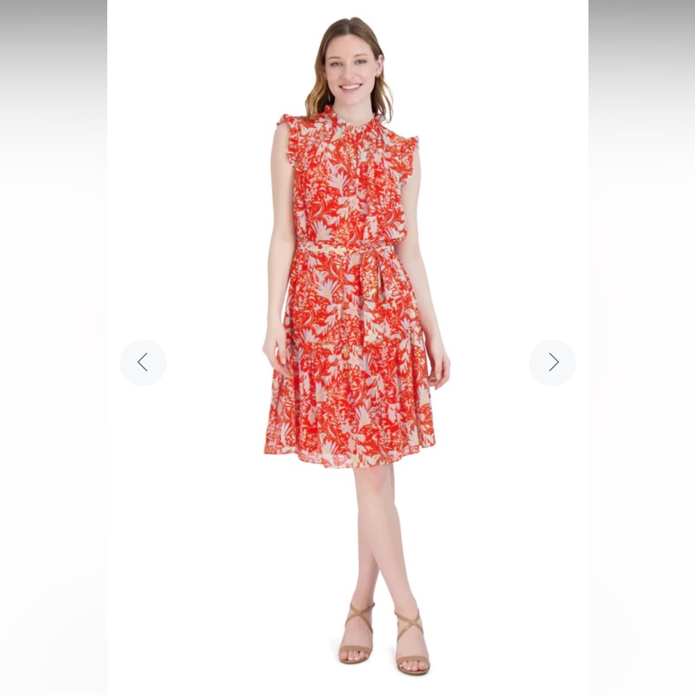 NWT Julia Jordan Sz 10 Floral Dark Orange Midi Ruffled Cap Sleeve Dress!